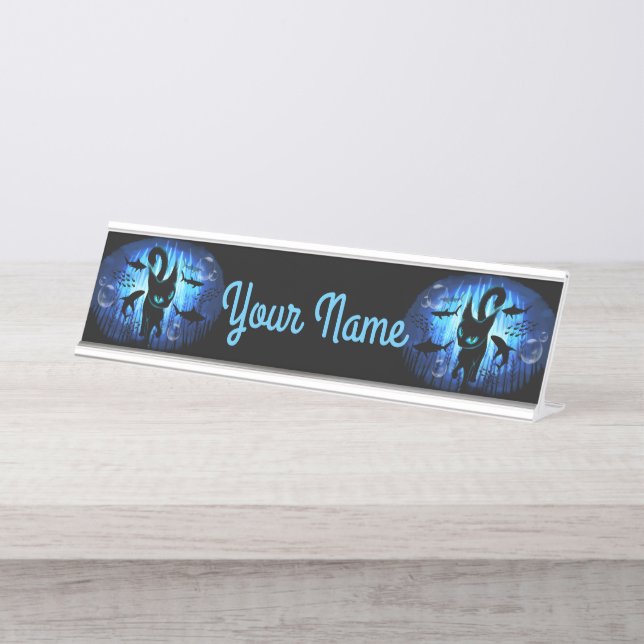 Aquaticat - Surreal Cat in Deep Ocean Fantasy Desk Name Plate (Front)