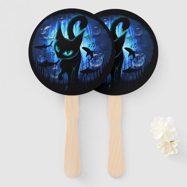 Aquaticat - Surreal Cat in Deep Ocean Fantasy Hand Fan (Front and Back)