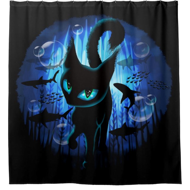 Aquaticat - Surreal Cat in Deep Ocean Fantasy Shower Curtain (Front)