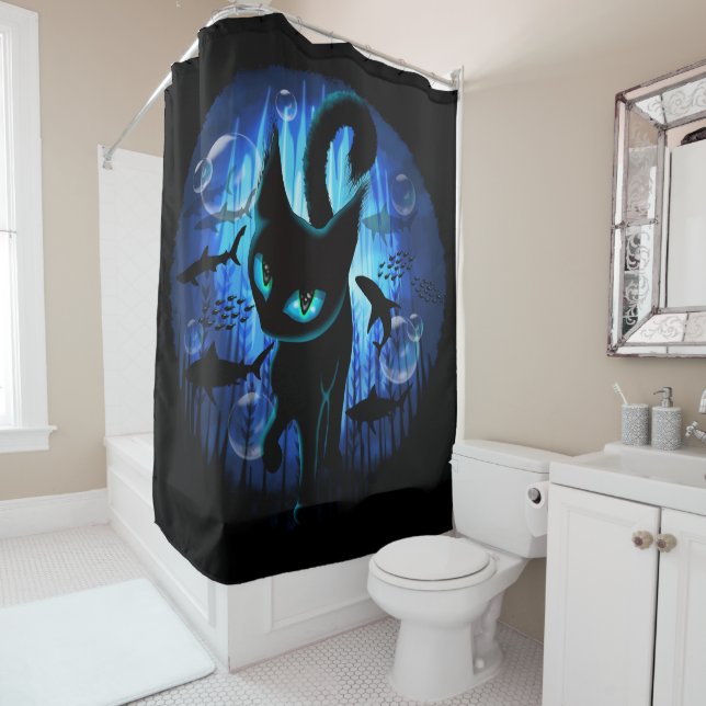 Aquaticat - Surreal Cat in Deep Ocean Fantasy Shower Curtain (In Situ)