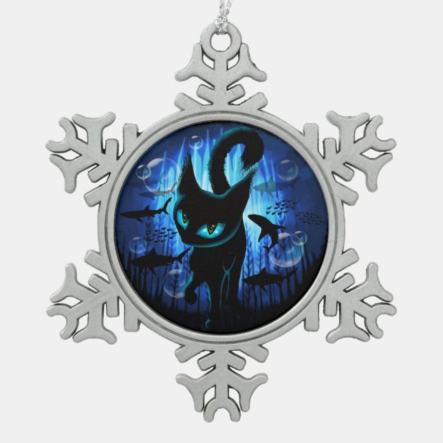 Aquaticat - Surreal Cat in Deep Ocean Fantasy Snowflake Pewter Christmas Ornament (Front)