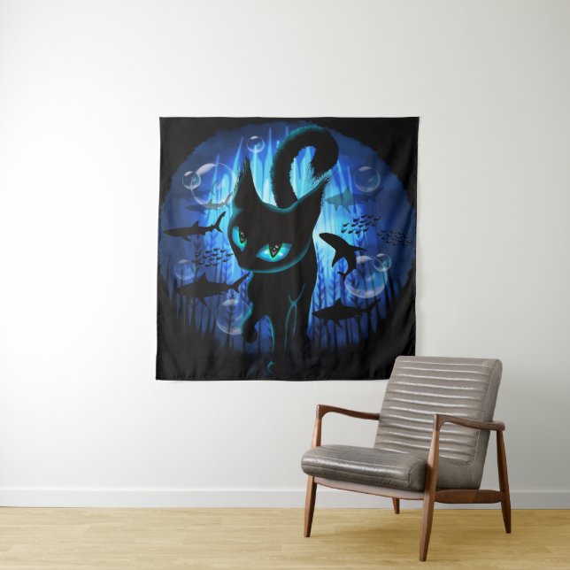 Aquaticat - Surreal Cat in Deep Ocean Fantasy Tapestry (In Situ)