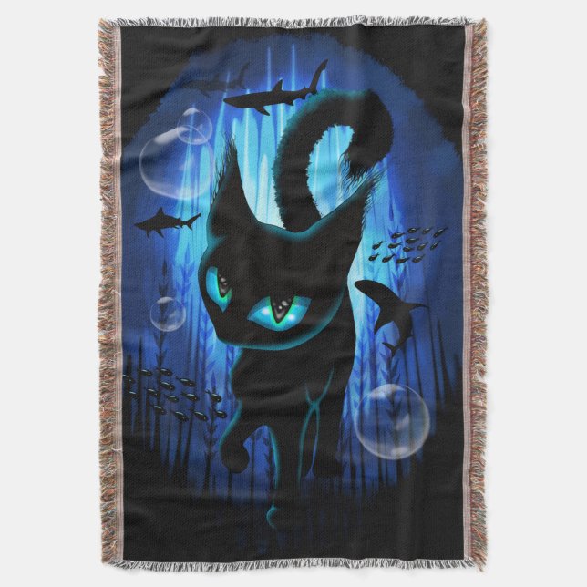 Aquaticat - Surreal Cat in Deep Ocean Fantasy Throw Blanket (Front Vertical)