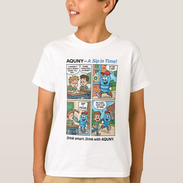 AQUNY – A Sip in Time! Funny Hydration Hero Comic  T-Shirt (Front)