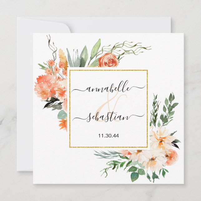 *~* AR21 QR RSVP Gold Glitter Flowers WEDDING Invitation (Front)