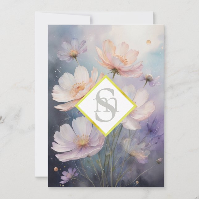 * AR26 Cosmos Flowers Monogram QR  RSVP Wedding Invitation (Front)