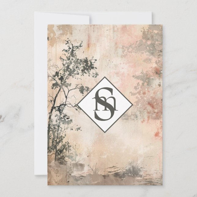 * AR26 Forest Muted Monogram QR  RSVP Wedding Invitation (Front)