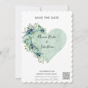 *~* AR6 Heart Floral Aqua QR WEDDING SAVE the DATE Invitation