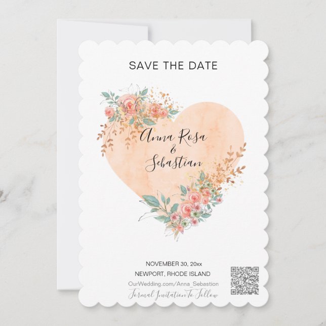 *~* AR6 QR WEDDING Floral Heart SAVE the DATE  Invitation (Front)
