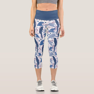 Ara Parrot Blue Drawing Tropical Leave Pattern Capri Leggings