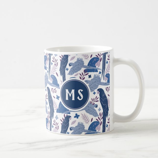 Ara Parrot Blue Tropical Leaf Pattern Monogram Coffee Mug (Right)