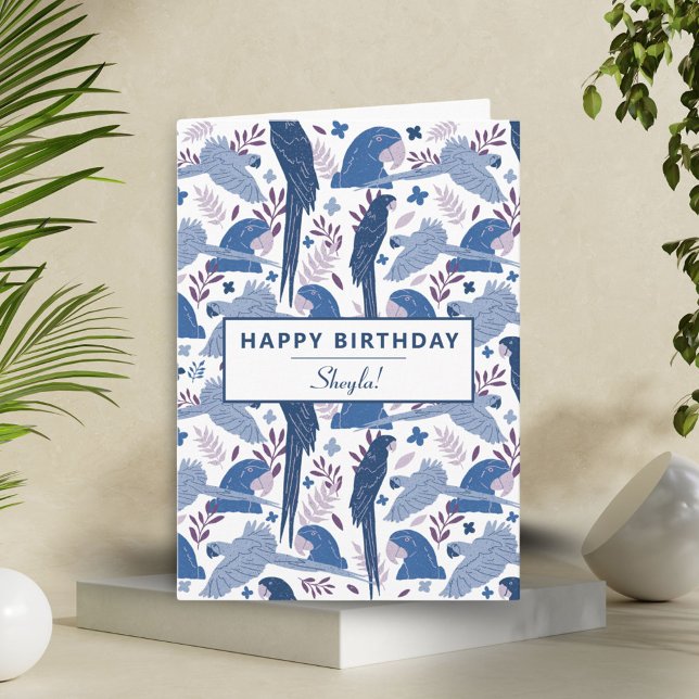 Ara Parrot Blue Tropical Leave Pattern Birthday Card (Creator Uploaded)