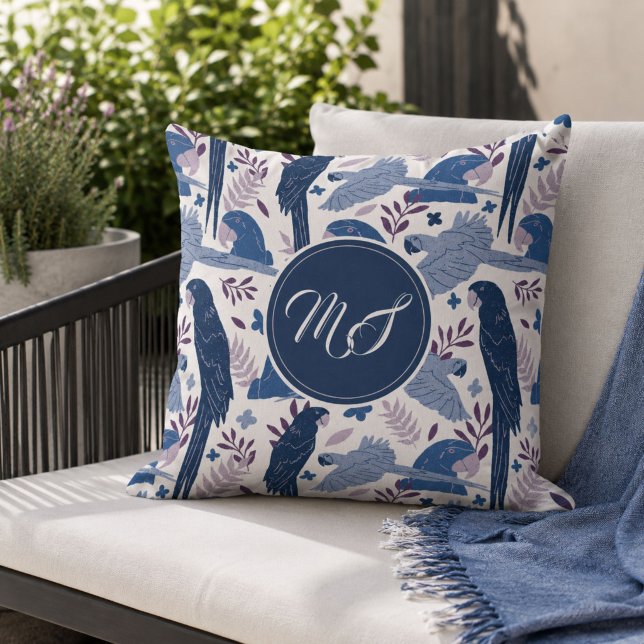 Ara Parrot Blue Tropical Pattern Monogram  Cushion (Creator Uploaded)