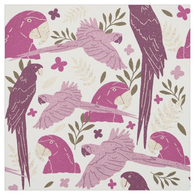 Ara Parrot Pink Tropical Leaf Pattern Fabric (Swatch)