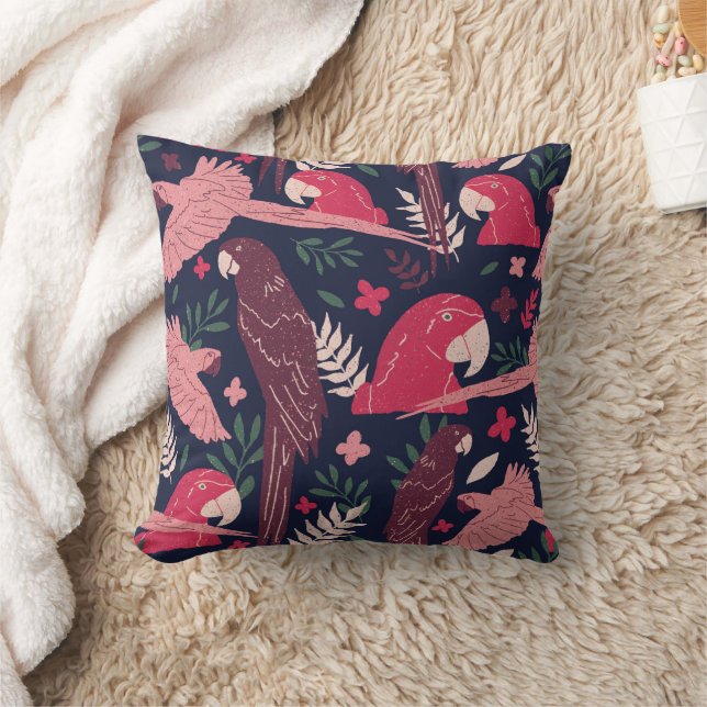 Ara Parrot Red Pink Drawing Tropical Leave Pattern Cushion (Blanket)