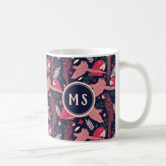 Ara Parrot Red Pink Tropical Leaf Pattern Monogram Coffee Mug (Right)