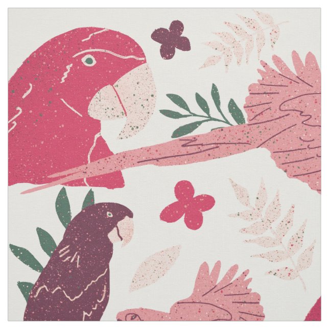 Ara Parrot Red Pink Tropical Pattern on White Fabric (Swatch)