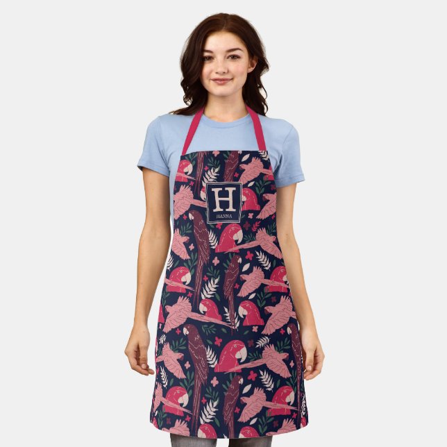 Ara Parrot Red Tropical Leaf Pattern Monogram Apron (Worn)