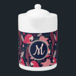 Ara Parrot Red Tropical Leave Pattern Monogram<br><div class="desc">Ara Parrot Red Tropical Leave Pattern Monogram teapot. Ara pattern on dark blue background with tropical leaves in green,  red and beige colours. Hand-drawn illustration. Add your monogram.</div>