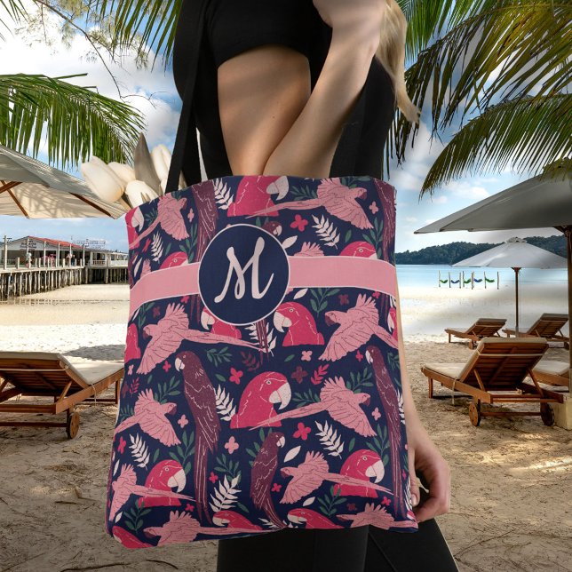 Ara Parrot Red Tropical Leave Pattern Monogram Tote Bag (Creator Uploaded)