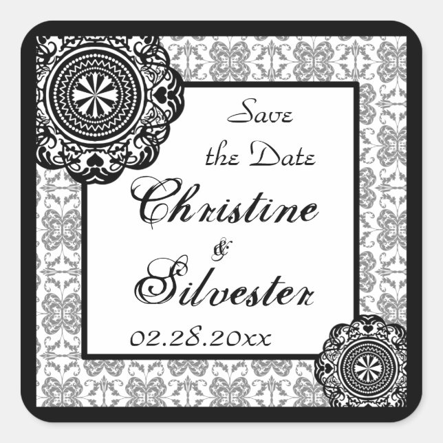 Arabesque Black Lace, save the date stickers (Front)