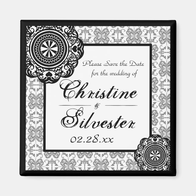 Arabesque Black Lace, square save the date magnet (Front)