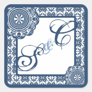 Arabesque Blue Lace, monogrammed souvenir Square Sticker