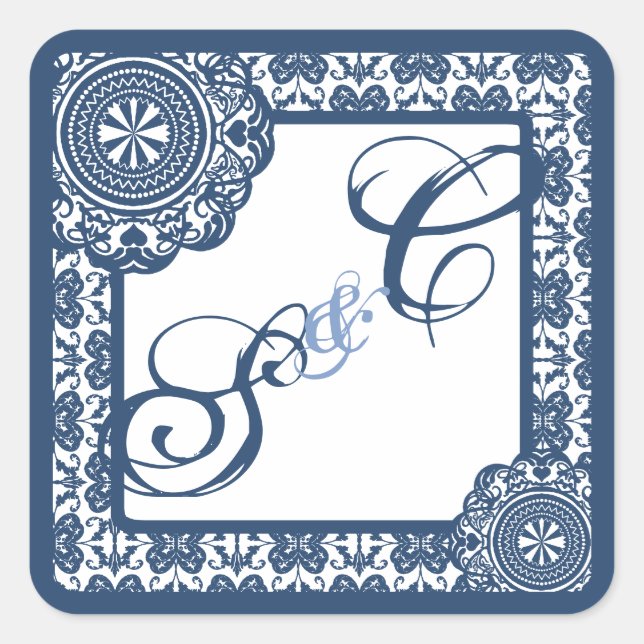 Arabesque Blue Lace, monogrammed souvenir Square Sticker (Front)