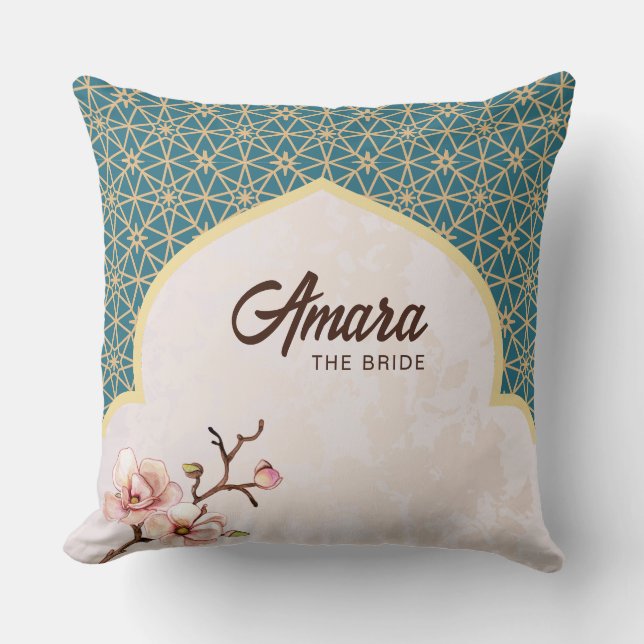 Arabesque Bridal Cushion – Deep Teal & Gold  (Front)