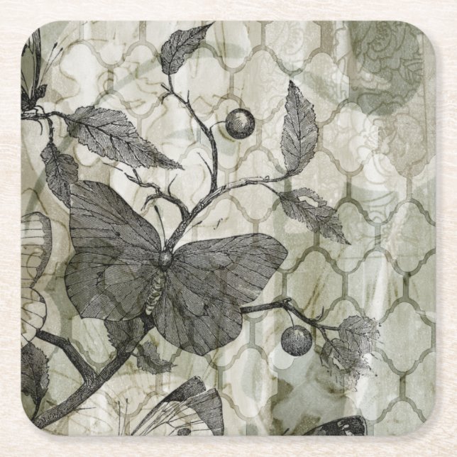 Arabesque Butterflies I Square Paper Coaster (Front)