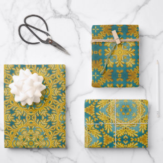Arabesque design in yellow and turquoise set of 3 wrapping paper sheet