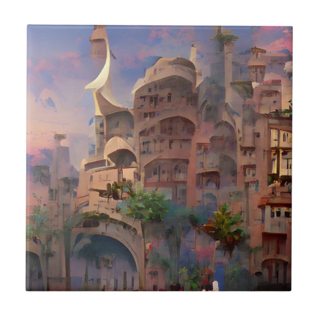 Arabesque fantasy dwellings palm trees digital art ceramic tile (Front)
