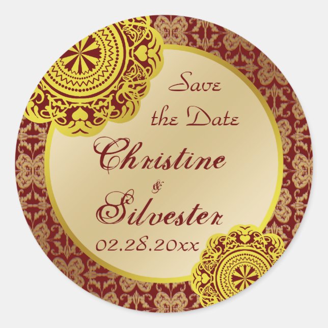 Arabesque Gold Lace, save the date stickers (Front)