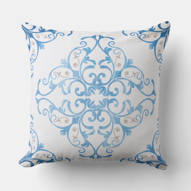 Arabesque in watercolor blue cushion (Front)