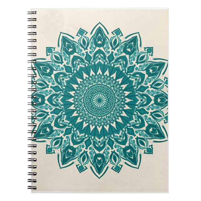 Arabesque Mandala Art – Teal & Turquoise Geometric Notebook (Front)
