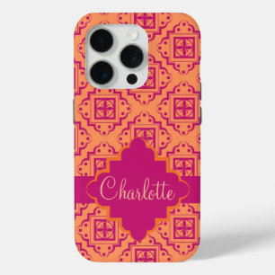 Arabesque Moroccan Orange Magenta Name Personalize iPhone 15 Pro Case