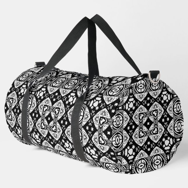 Arabesque Mosaic Tile Pattern Black and White Duffle Bag (Left Corner)