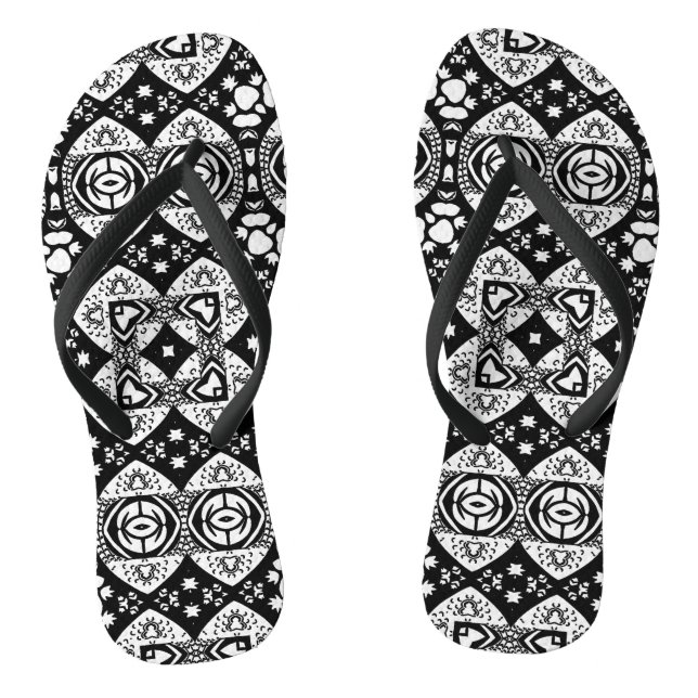 Arabesque Mosaic Tile Pattern Black and White   Thongs (Footbed)