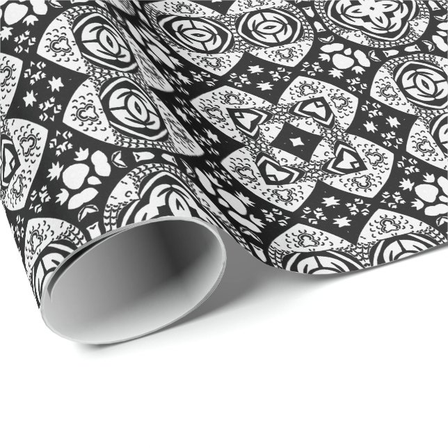 Arabesque Mosaic Tile Pattern Black and White   Wrapping Paper (Roll Corner)