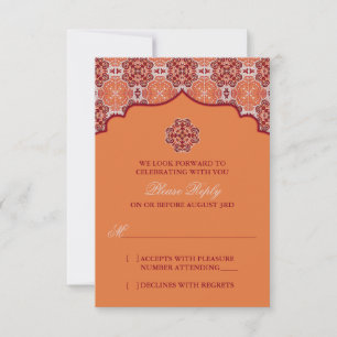 Arabesque Orange Red Indian Wedding RSVP Reply Card