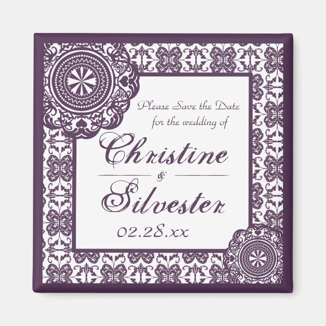 Arabesque Purple Lace, square save the date Magnet (Front)
