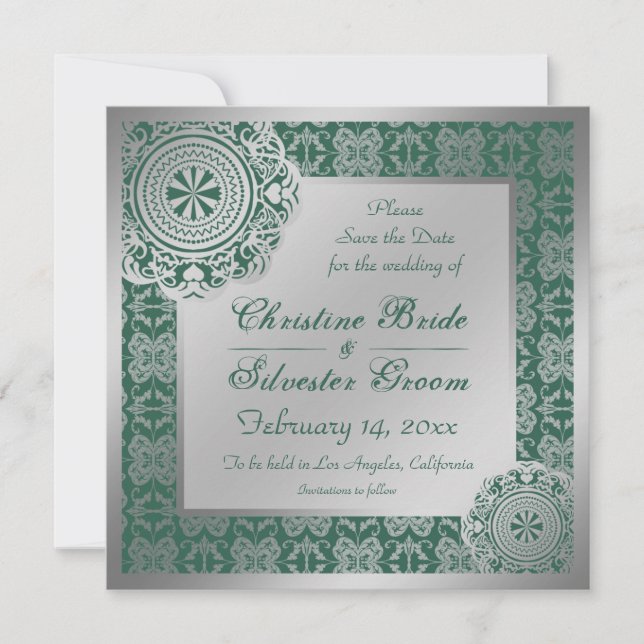 Arabesque Silver Lace, 5.25x5.25 save the date (Front)