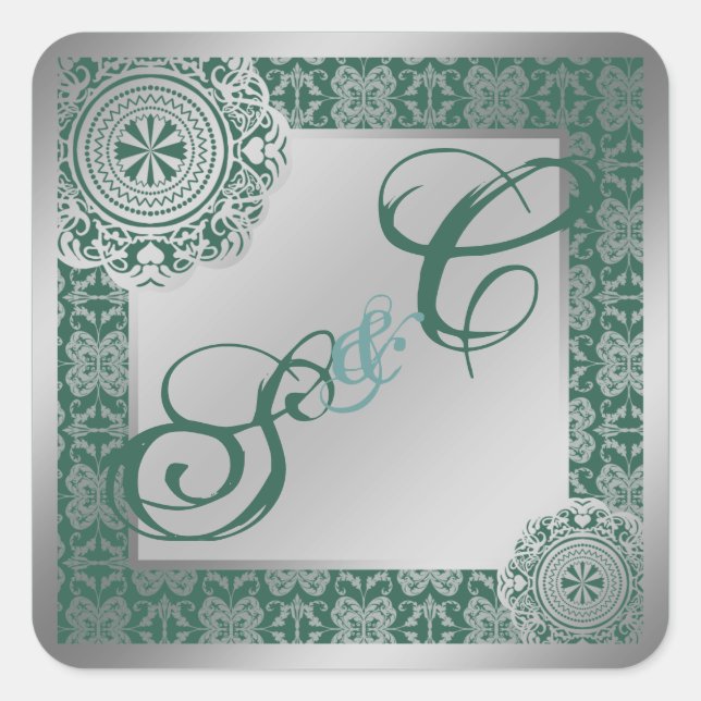 Arabesque Silver Lace, monogrammed souvenir Square Sticker (Front)