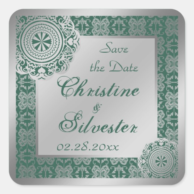 Arabesque Silver Lace, save the date stickers (Front)