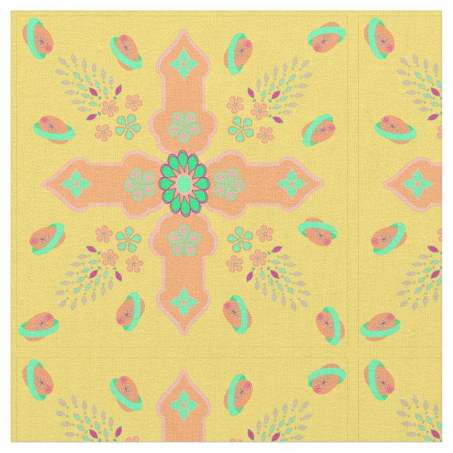 Arabesque Spring of Life Floral Cross Melon Colour Fabric (Close Up)