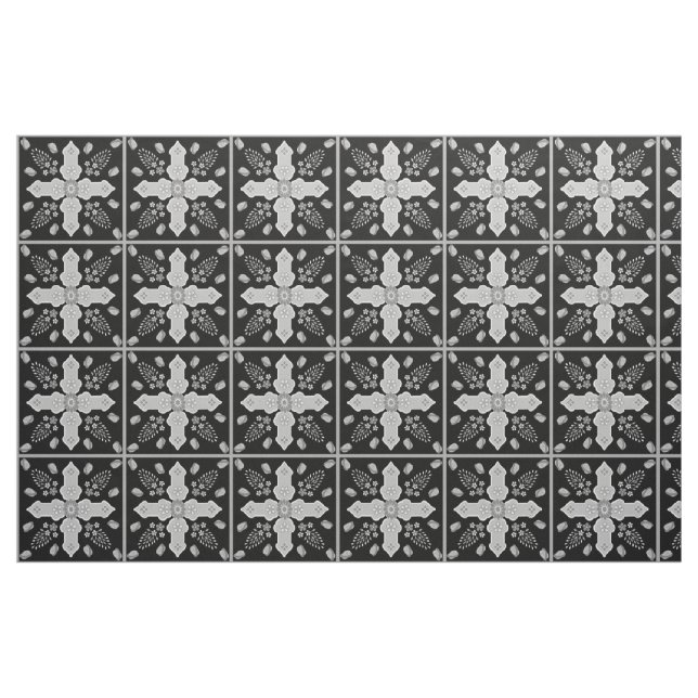 Arabesque Spring of Life Floral Cross Silver Black Fabric (Yard)