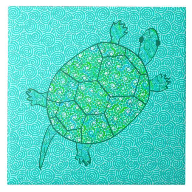 Arabesque swirl turtle - shades of seafoam green ceramic tile (Front)