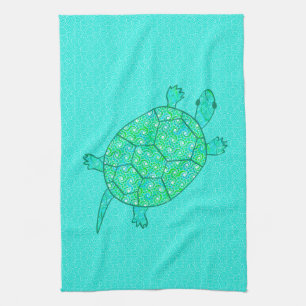 Arabesque swirl turtle - shades of seafoam green tea towel