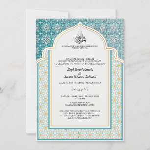 Arabesque Teal and Pearl-White Islamic Wedding Invitation