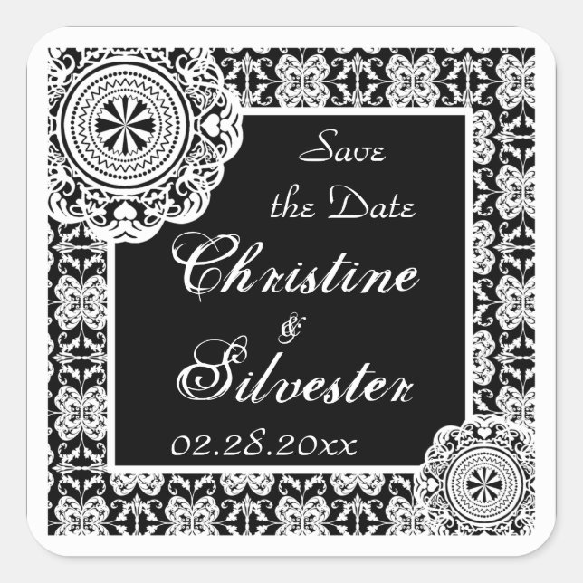 Arabesque White Lace, save the date stickers (Front)